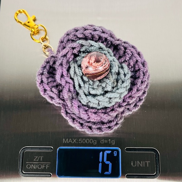 Purple & Gray Crochet Flower Bag Charm - Picture 4 of 5